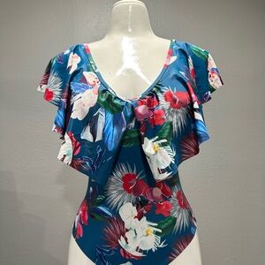 Floral Ruffle Sleeve bodysuit swimsuit